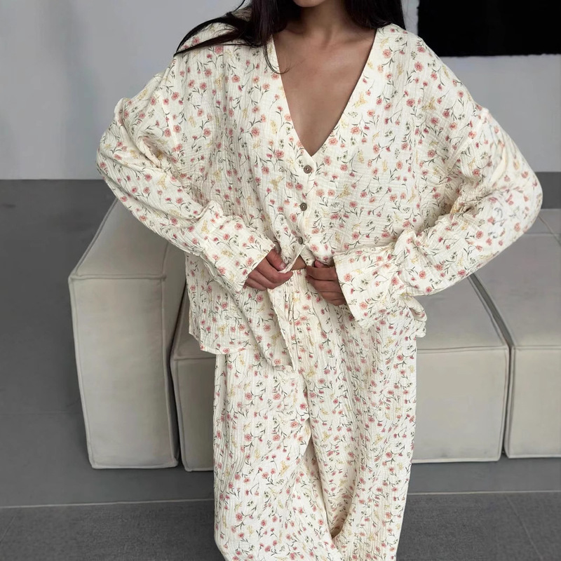 Autumn New European and American Style Pure Cotton Loose and Comfortable Amazon Printed Pajama Set 2026 Wholesale Women's Loungewear Autumn New European and American Style Pure Cotton Loose and Comfortable Amazon Printed Pajama Set 2026 Wholesale Women's Loungewear