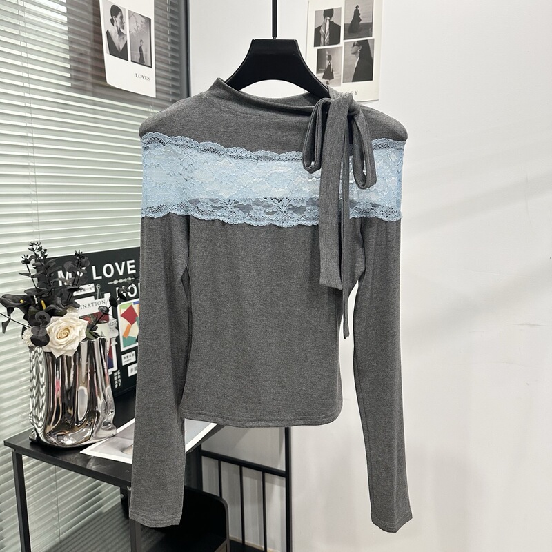 Linghua Ji 2026 Autumn New Lace Patchwork Base Shirt Women's Bow Tie Slim Fit Short Top