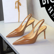1370 European and American sexy high-end feeling Pana oil leather high heels for women with pointed toes, shallow mouth, empty back strap, slim heel sandals