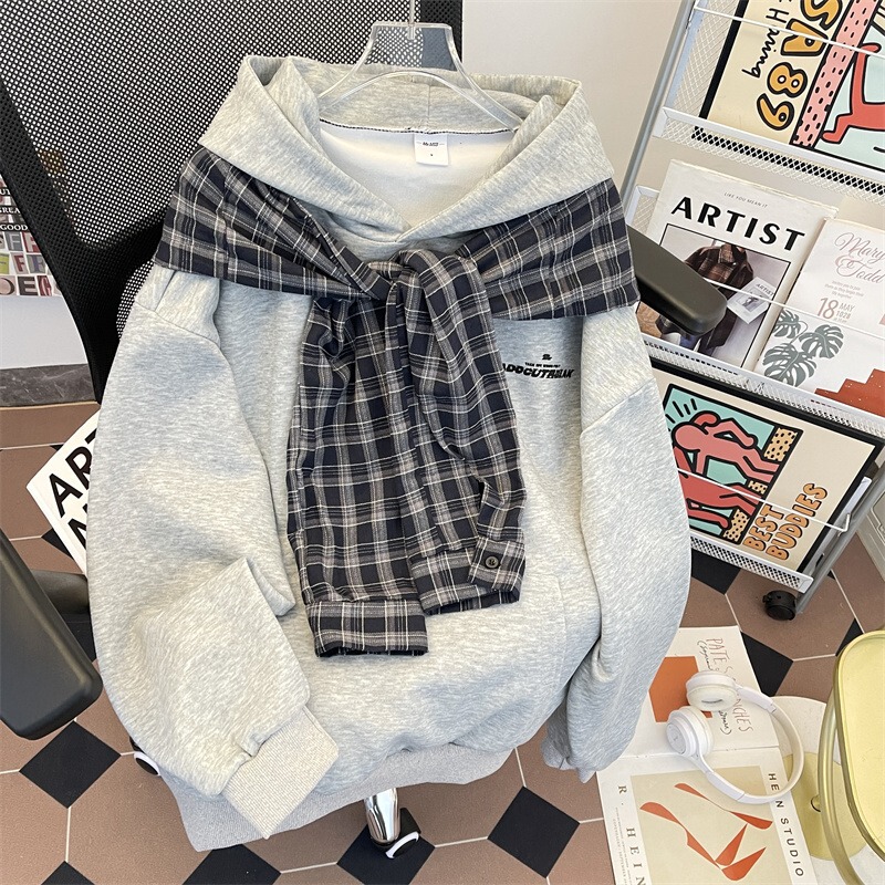 Plaid Shirt Sleeve Shawl Sweatshirt Men's Spring & Fall Heavy Trendy Brand Hooded Top Retro American Loose Couple Jacket