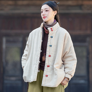 24 winter cotton and linen women's clothing new national style new Chinese temperament all-match artistic ramie cotton-padded jacket buckle short cotton-padded jacket