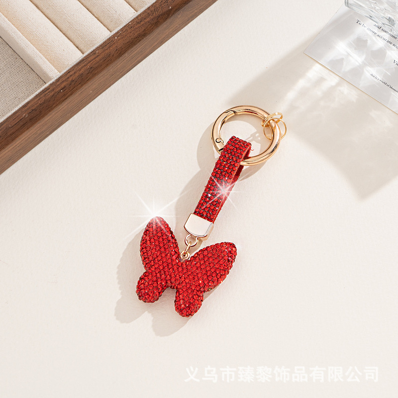 ダイヤモンドがちりばめられた粘土蝶車のキーホルダー金属かわいい女性のバッグペンダントキーチェーンリングダイヤモンドロープレザーロープギフト|undefined