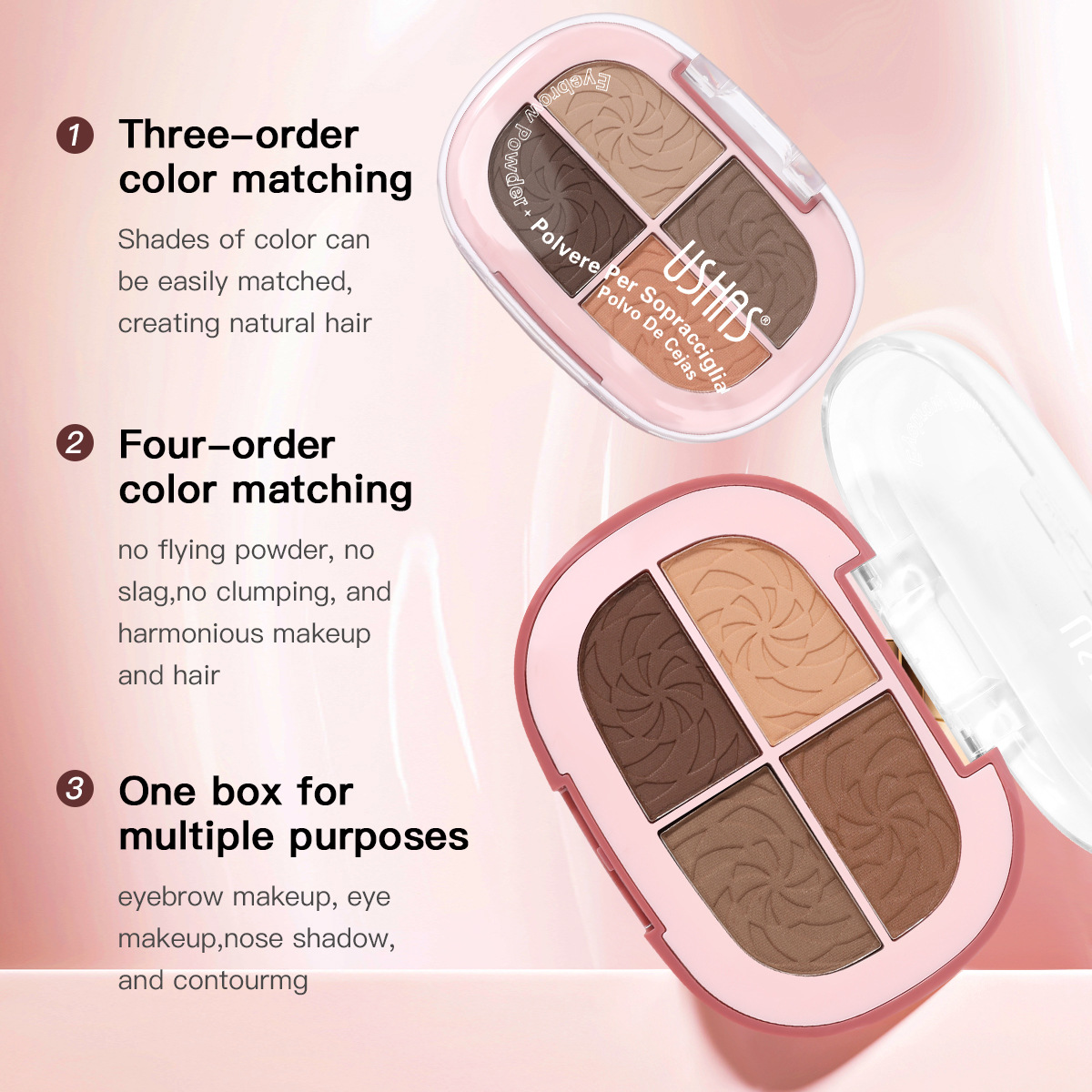 Cosmética transfronteriza USHAS venta caliente reparación natural delicada 4 cuadrados de cejas en polvo UF100