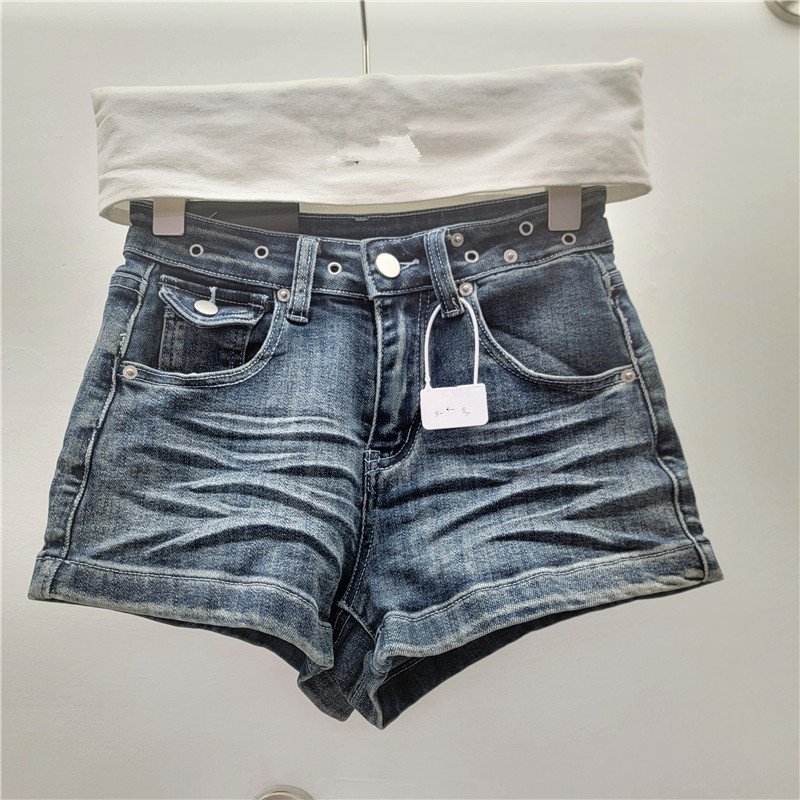 Pantalones Cortos de Mezclilla Corte A para Mujer Elásticos de Tiro Bajo