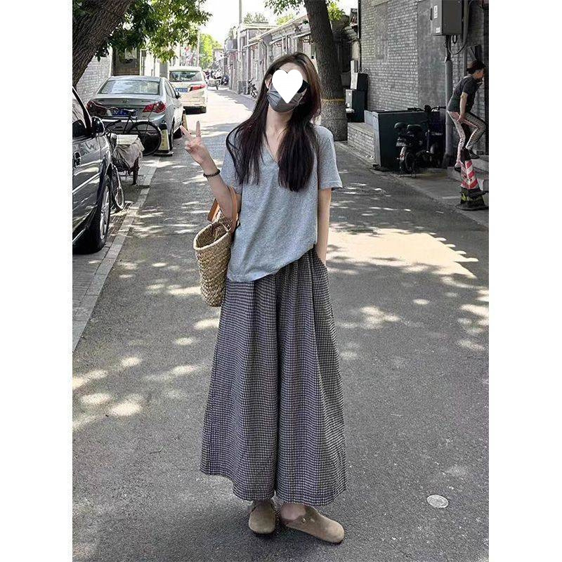 阔腿裤夏季薄款套装两件套垂坠感长裤宽松格子裤裙女夏季裤装休闲|undefined