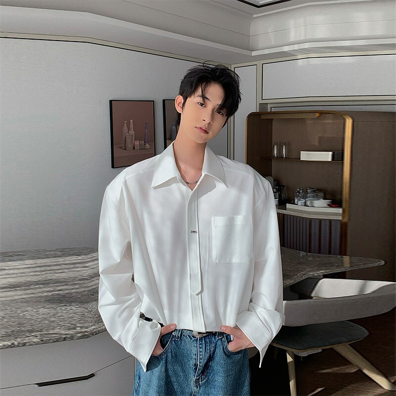 Designed High-End Long-Sleeved Shirt for Boys Pure Color Work Clothing Loose Top 2025 Spring and Autum New Versatile Shirt