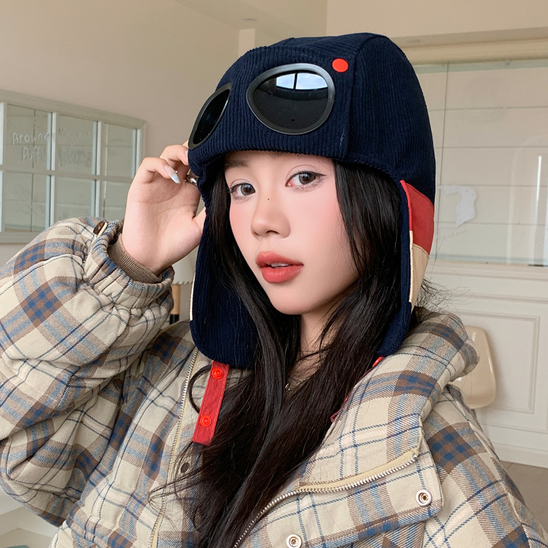 日系新款秋冬季帽子女加绒保暖帽护目镜飞行帽百搭防风护耳雷锋帽|undefined
