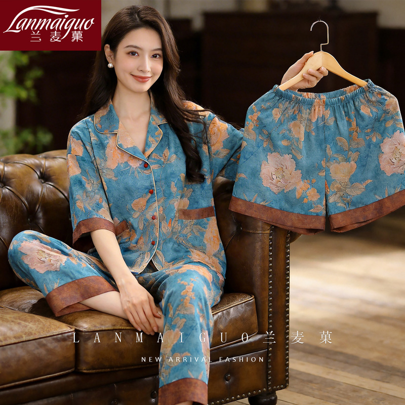 Chinese Style Imitation Silk Home Clothes Set, Summer Thin Mother's Wear, Comfortable Pajamas Three-Piece Set, Large Size Can Be Worn Outside