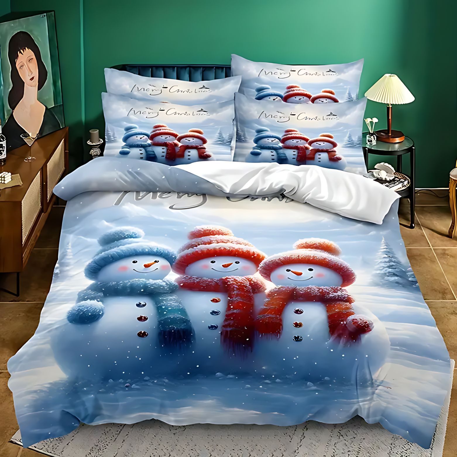 TEMU / JIT transfronterizo lindo pequeño muñeco de nieve patrón 3D impresión digital esponjosa cama cubierta