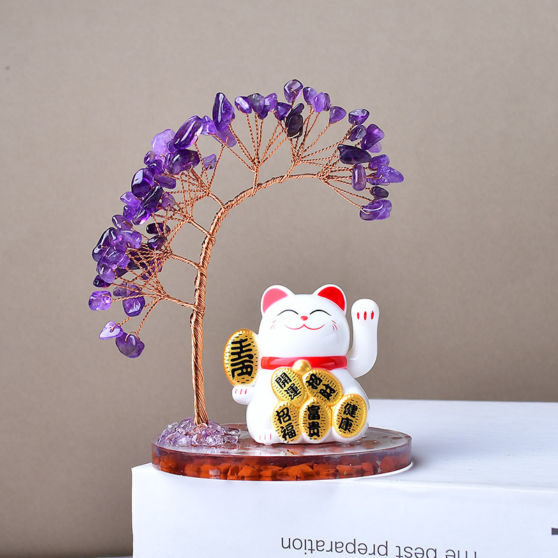 天然水晶フォーチュンツリー招き猫装飾品車ホームオフィスレジデスクトップアクセサリークリスマスギフト|undefined