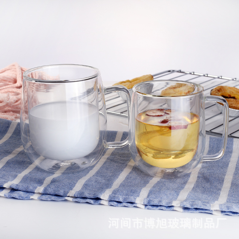 Directo de fábrica resistente al calor de doble capa de vidrio taza de café taza creativa con mango de vidrio de borosilicato taza de agua de impresión