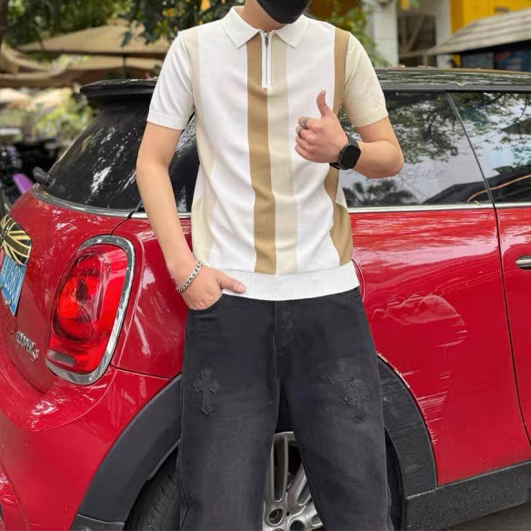 Polo camiseta camiseta de punto camiseta de manga corta camiseta de hombre a rayas solapa medio cremallera vieja fábrica de hielo de verano transfronteriza mayorista