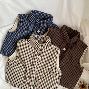GL-kids Korean Winter New Children's Large Pocket Plaid Cotton Vest Unisex Single Button Cotton Vest