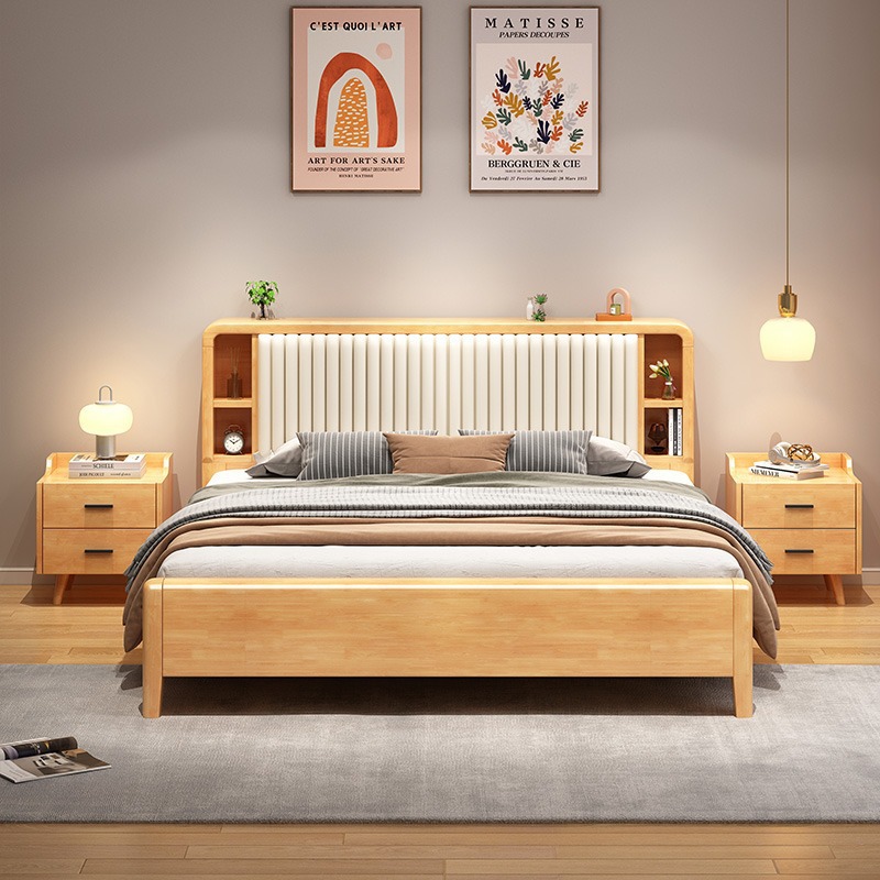Cama de madera maciza 1,8 m moderno minimalista nórdico 1,5 m pequeño apartamento dormitorio principal alta caja de almacenamiento cama doble cama suave cama boda cama
