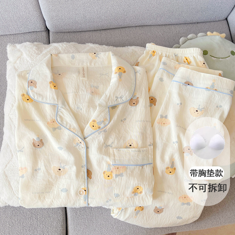 带胸垫波点腊肠狗云朵纯棉纱睡衣女款春秋夏季长袖套装卡通家居服|undefined