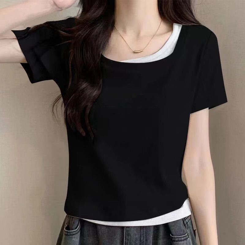 偽ツーピース純綿半袖 Tシャツ女性のための 2025 夏の新しい韓国スタイルスクエアネック右肩プリント不規則な Tシャツ女性のための|undefined