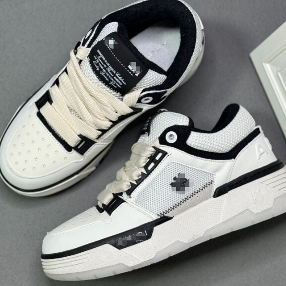 Cross-Border Three-Dimensional Fashion Sneakers Amiri Ma-1 Leather Mid-Top Lace-Up Low-Top Men's Shoes White and Blue Shoe Model Height-Increasing