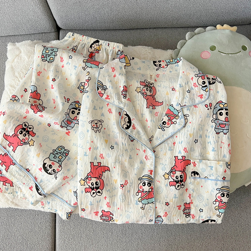 格子helloKitty云朵纯棉纱布睡衣女春秋款长袖可爱开衫家居服夏季|undefined