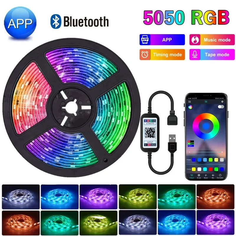 Светодиодная световая лента (5V) Bluetooth/APP и пульт на 24 кнопки, 5050 RGB, длина 1–5 м, 30/60 LED/м, питание USB