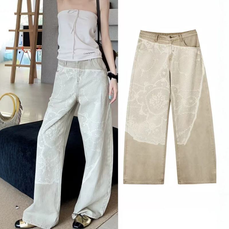ICE Designer Lace Print Jeans for Women, Spring/Summer Mid-High Waist Loose Straight Casual Pants, Vintage Style Long Pants