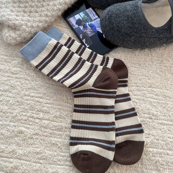 Gray and blue combination-cotton socks double needle dopamine stripe blue mouth Shandong