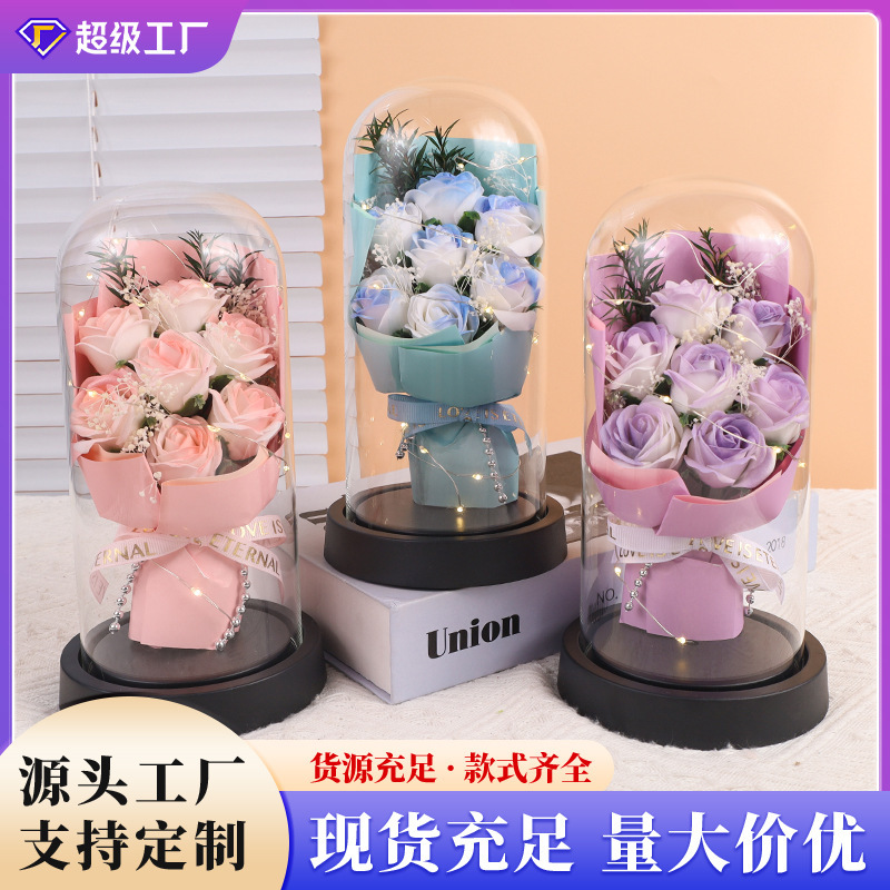 母の日の石鹸の花のバラのガラスカバーの置物のシミュレーションの花の金箔の花の帯の明かりの祝日の贈り物は完成品を送ります。|undefined