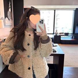 单排扣宽松短款女冬圆领皮毛一体毛毛外套仿皮草