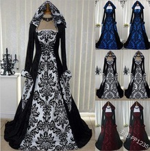 跨境欧美复古文艺长袖系带收腰连帽大摆连衣裙印花宫廷礼服裙