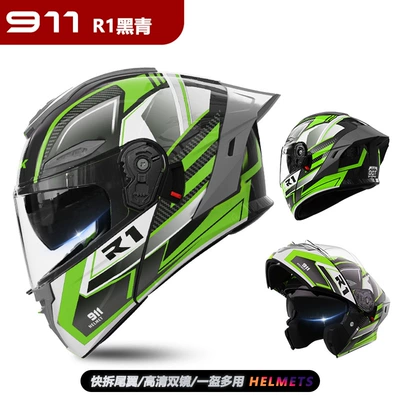 Women, Motorcycle Safety Half Helmet, Motosiklet kaskı (dəbilqə) - 911-face-mask-r1-black-and-green-hd-dual-mirror