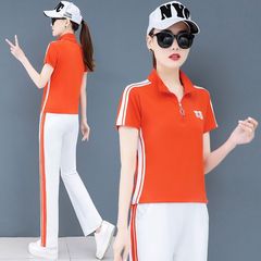カジュアルスポーツスーツ女性立襟半袖2025新型夏ファッション減齢ストレートパンツ2点セット