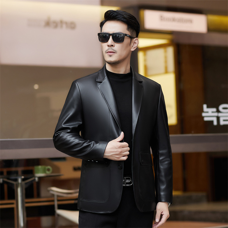 Fashionable and Versatile Leather Jacket for Men, New Spring and Autumn Style, Suit Collar, Sheepskin Leather Jacket, Business Casual Blazer Fashionable and Versatile Leather Jacket for Men, New Spring and Autumn Style, Suit Collar, Sheepskin Leather Jacket, Business Casual Blazer