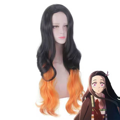 鬼滅の刃アニメかまどの門祟り豆cosかつらグラデーション黒とオレンジ色の自然女中分長カール