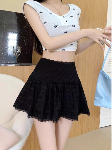Lace edge cake semi-skirt for women, summer ballet style, high-waisted A-line short skirt, small size, white puffy skirt