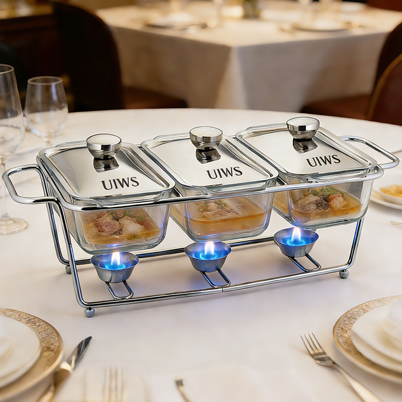 Cross-Border Supply Rectangular Glass Alcohol Stove with Food Compartment Heating, Luxury Iron Art Stand Alcohol Stove