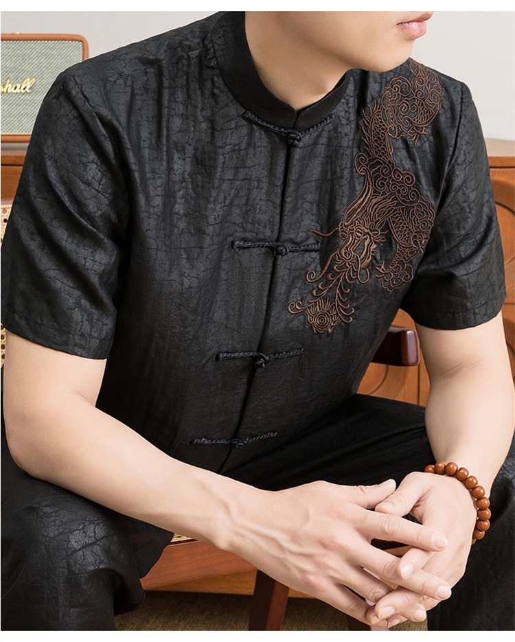Áo sơ mi nữ tay ngắn cổ đứng lụa tơ tằm phong cách vintage — Da đen 8849 chi tiết 12