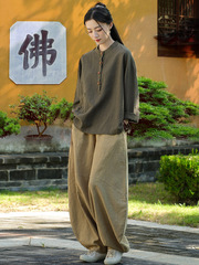 寺院拝仏素衣禅修服セット綿麻茶服盤ボタンシャツ仏系禅意女装居士服女性モデル
