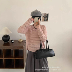 琪镌绘制秋季新款镂空针织衫女圆领长袖套头罩衫宽松薄款上衣6370