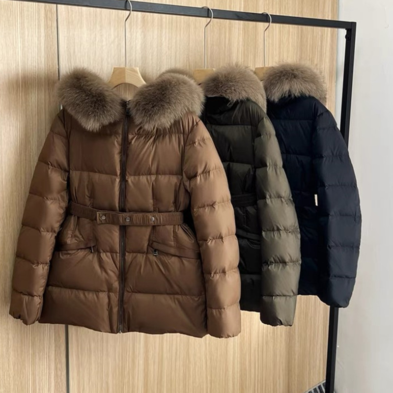 Cross-Border Autumn and Winter New European Style Hooded White Duck down Large Fur Collar Waist Slimming Short down Jacket Women's Trendy Coat
