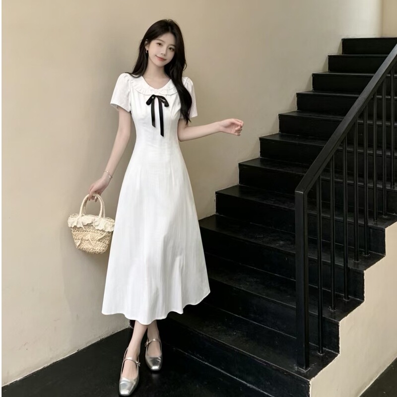 French-Style First Love Doll Collar Dress, Very Beautiful, Summer College Style, Gentle White Short-Sleeved Elegant Long Dress for Women
