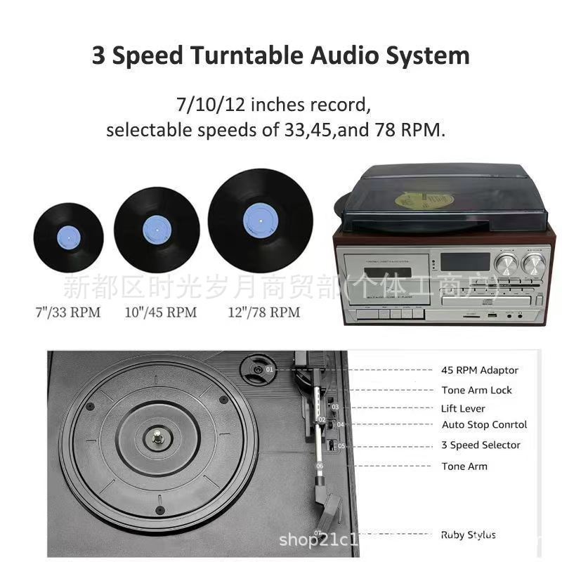 クロスボーダーレトロ多機能 10-in-1 蓄音機ビニールレコード CD プレーヤーテープラジオスピーカー蓄音機|undefined