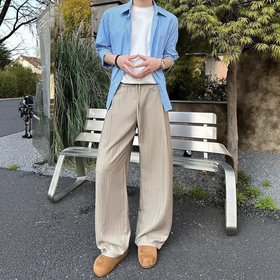 老钱风竖条纹打褶阔腿直筒休闲裤男款夏季新款宽松垂感百搭西装裤