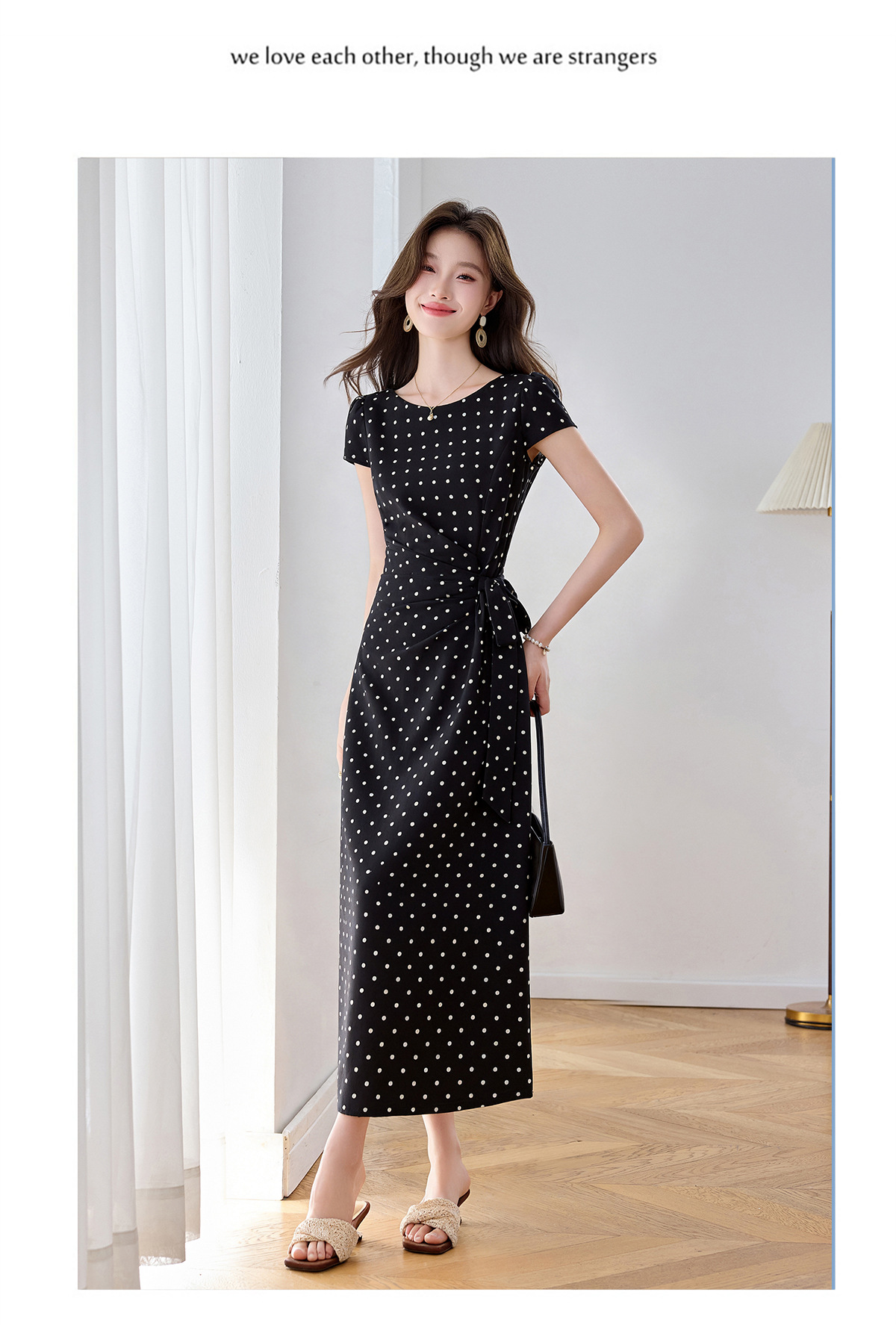 Đầm maxi nữ thắt eo tay ngắn họa tiết chấm bi phong cách nghỉ dưỡng — màu đen, màu trắng chi tiết 18
