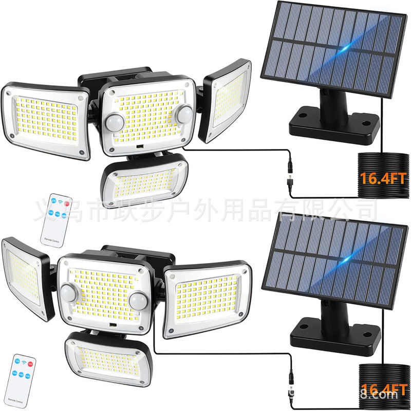 Solar Outdoor Light 3000 Lumens 4 Heads Led Floodlight Remote Control Dual Sensor Motion Sensing Waterproof Wall Lamp