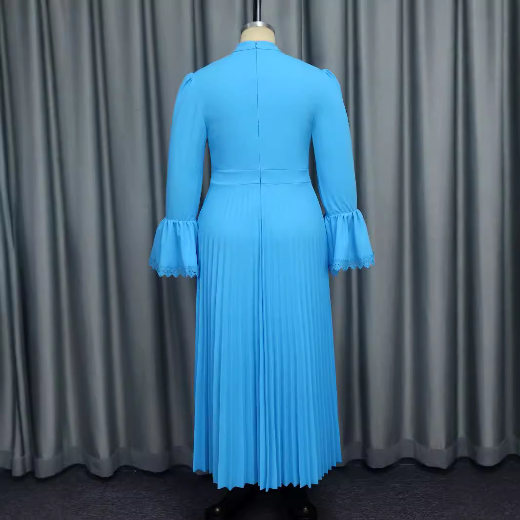 Women's Clothing solid color elegant big swing skirt dress pleated party trumpet sleeve dress _voghion.com