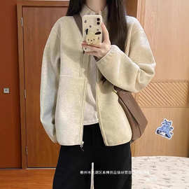 厂家直销美式复古气质夹克女秋季新款宽松休闲百搭立领卫衣开