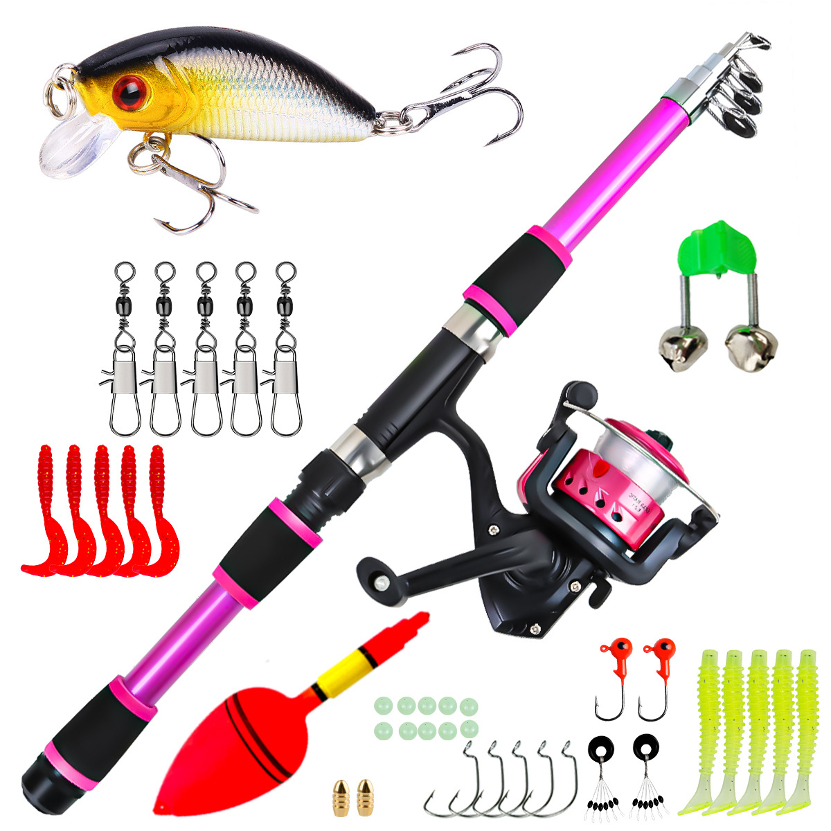 Pink rod and reel + accessories bait box