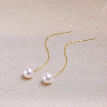 18K金天然淡水珍珠耳环耳线6-8MM近圆au750彩金耳饰水贝黄金批发