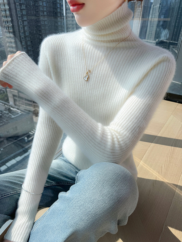 毛衣显瘦抽条厚款秋冬新款高翻领100羊毛女修身百搭针织打底套头|undefined