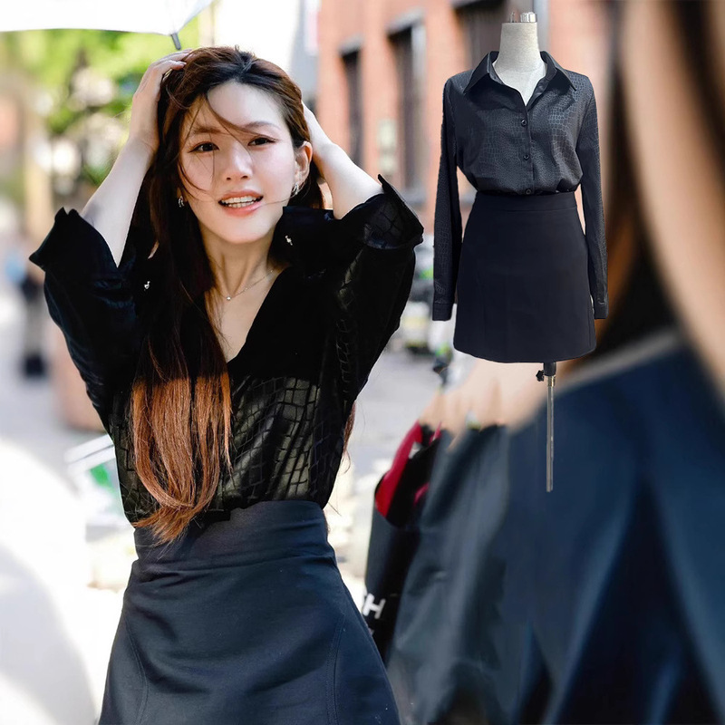 In-Stock Zhao Lusi Style Women's Shirt 2025 French High-End Loose Lapel Black Crocodile Pattern Long-Sleeve Top In-Stock Zhao Lusi Style Women's Shirt 2025 French High-End Loose Lapel Black Crocodile Pattern Long-Sleeve Top