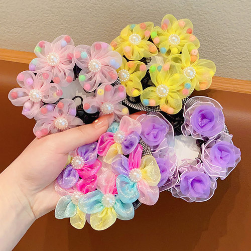 Children's Cute Pearl Flower Headband Hair Net Girls' Dance Grade Examination Special Bun Maker Hair Ring Hairnet